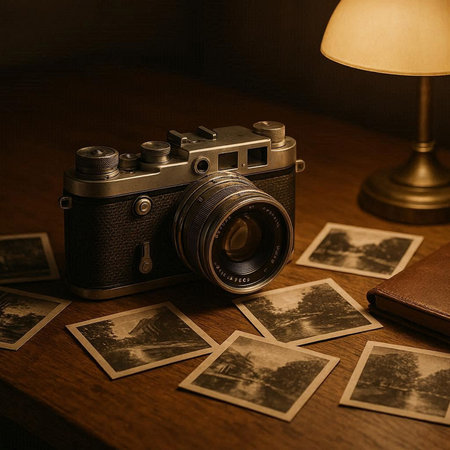 Vintage camera and old photos on a wooden table. Retro style.