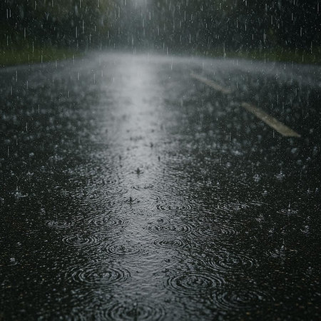 Rainy day on the road. Rain drops on asphalt road.