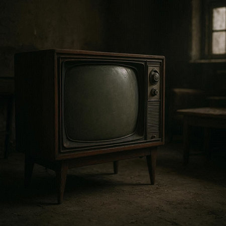 Vintage TV in a dark room. The concept of old television.