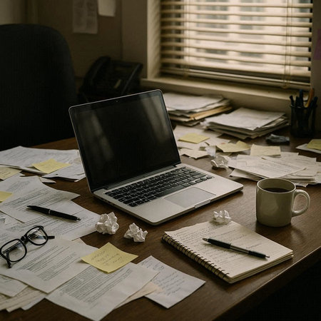 Messy office desk with laptop and documents. Business and office concept.