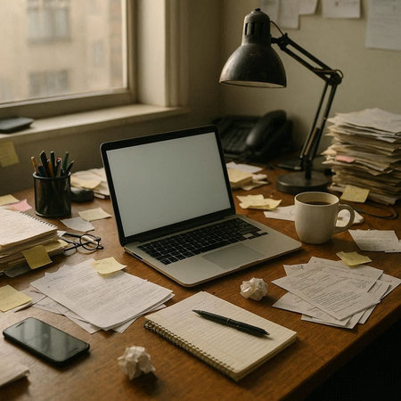 Office desk with laptop, coffee cup and papers on the table.