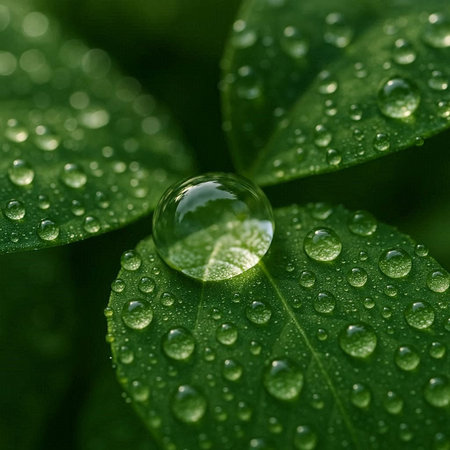 Green leaf with water drops close up. Nature background. Shallow DOF.