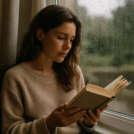 Young woman reading a book on the windowsill in rainy day.
