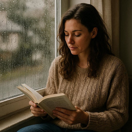 Young woman sitting on the windowsill and reading a book in the rain