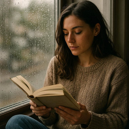 Young woman reading a book near the window with raindrops on the glass