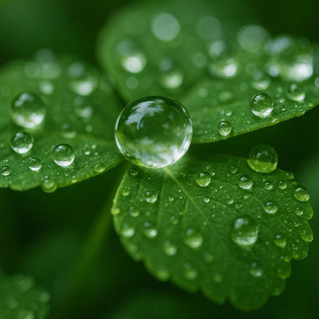 Water drops on a clover leaf. Shallow DOF.
