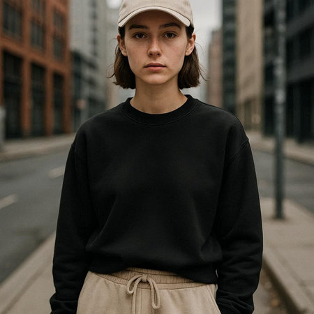 young beautiful hipster woman in black sweater and cap posing in the city