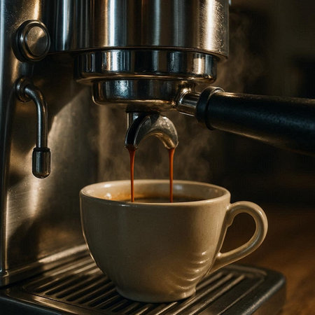 Coffee machine pouring coffee into a cup, close-up