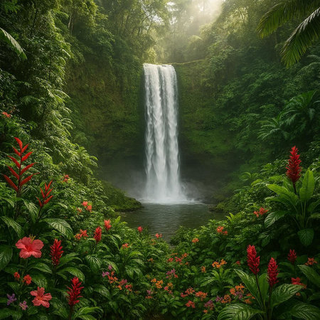Tropical waterfall in the rainforest, Bali, Indonesiaの写真素材