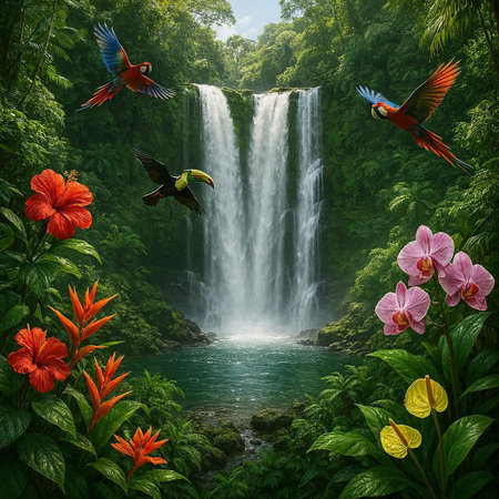 Tropical waterfall and parrots on a background of flowers.の写真素材