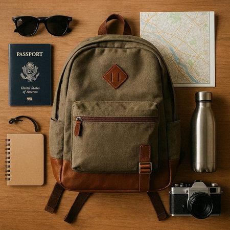Flat lay of backpack, camera, map and sunglasses on wooden background