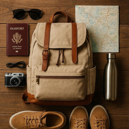 Flat lay of traveler's accessories on wooden background. Travel concept