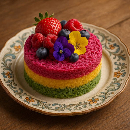 Rainbow cake with berries and pansy flowers on a wooden background