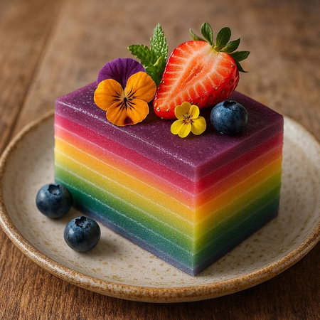 Rainbow cake with strawberries and violets on a wooden background