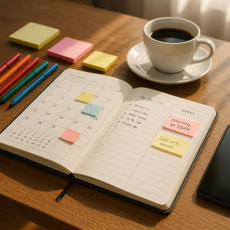 Notebook and coffee on the table in the morning, business planning concept