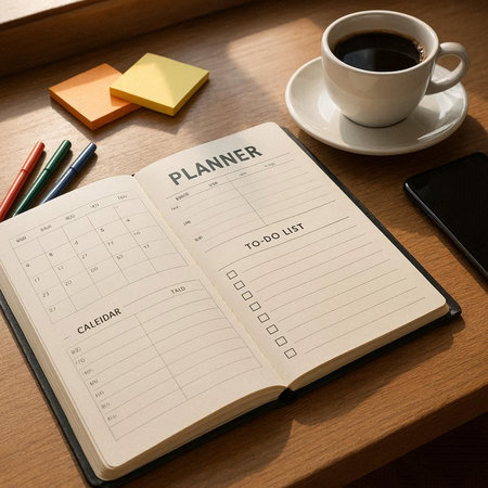 Planner to do list on notebook with cup of coffee on wooden table