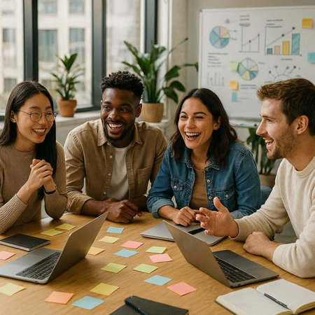 smiling multicultural businesspeople sitting at table with laptop and stickers in office