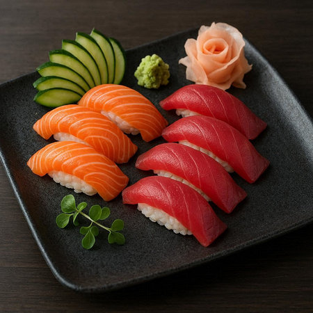 Japanese food, salmon sushi, sashimi and nigiri on black plate