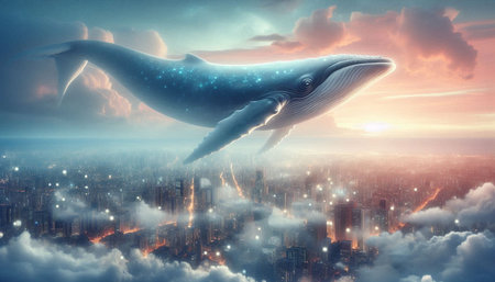 Whale flying over the city. 3d rendering toned image