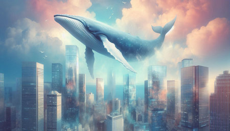 Whale against cityscape with skyscrapers and clouds 3dの写真素材