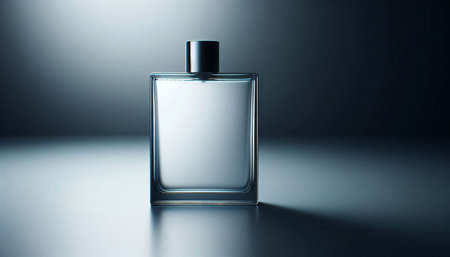 Perfume bottle with blank label on dark background. 3D rendering