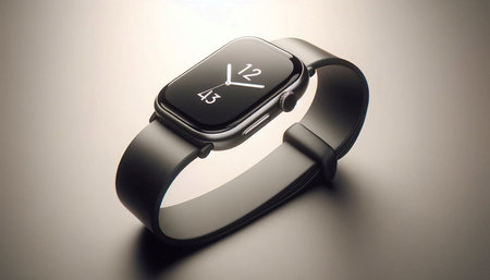 Smart watch with a black screen on a gray background, close-up
