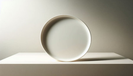 White plate on a white table, isolated on a gray background.の写真素材