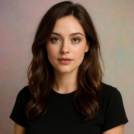 Portrait of a beautiful young woman with long brown hair looking at the camera