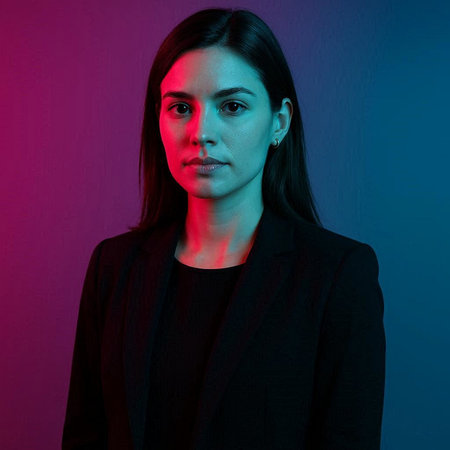 Portrait of a beautiful young woman in a black jacket on a colored background