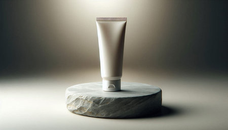 White cosmetic tube mockup on white marble podium. 3d rendering