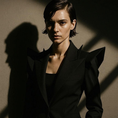 Portrait of a beautiful woman in a black suit on a dark background