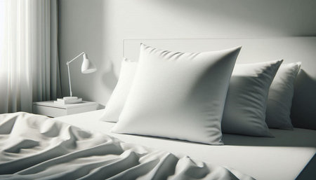 Close up of white pillows on bed in modern bedroom. 3d rendering