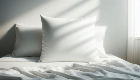 White pillow on bed decoration interior of bedroom with light lamp and shadow