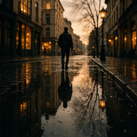 Reflection of a man in a puddle on a rainy day