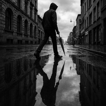 Man with a knife in a rain puddle. Black and white photography.