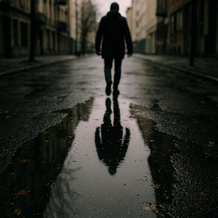 A silhouette of a man standing in a rain puddle on a rainy day.