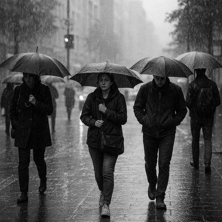 Group of people walking in the rain. Black and white photo.の写真素材