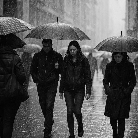 Black and white photo of a group of people in the rain.の写真素材