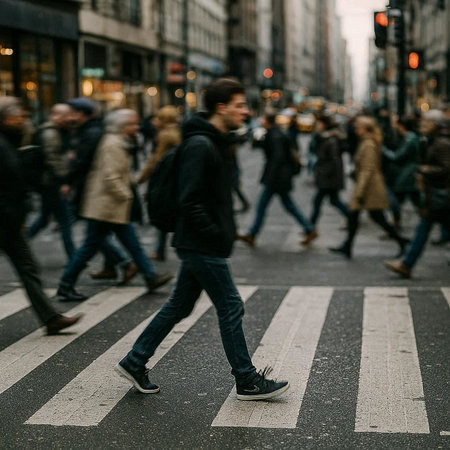 pedestrians cross the street in the center of the city.の写真素材