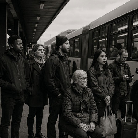 Group of people waiting for a bus at the station. Black and white photo.の写真素材