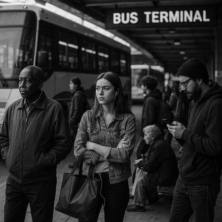 Group of people waiting for a bus at the bus stop. Black and white photo.