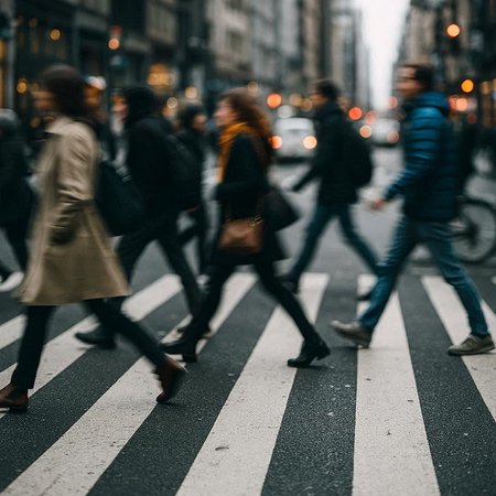 People walking on zebra crossing in the city. Intentional motion blur