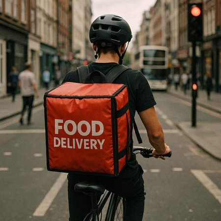 Rear view of delivery man riding a bicycle with food delivery package in the city
