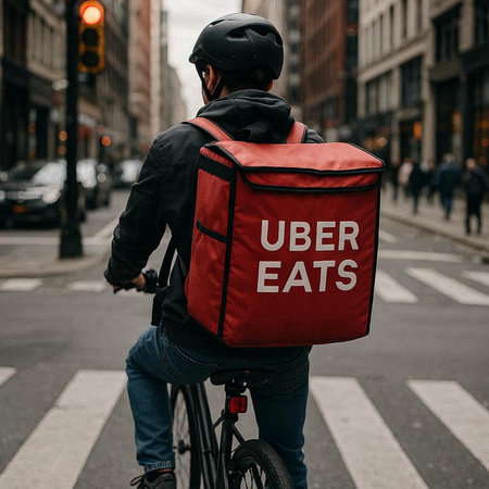 Rear view of delivery man with bicycle delivering food in the city