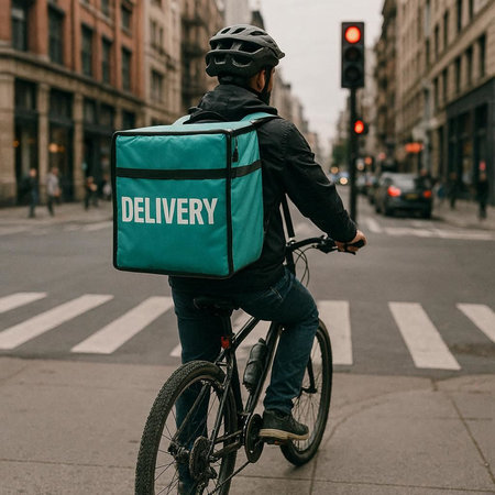 Rear view of delivery man with thermo bag riding bicycle in city street. Delivery service concept.の写真素材