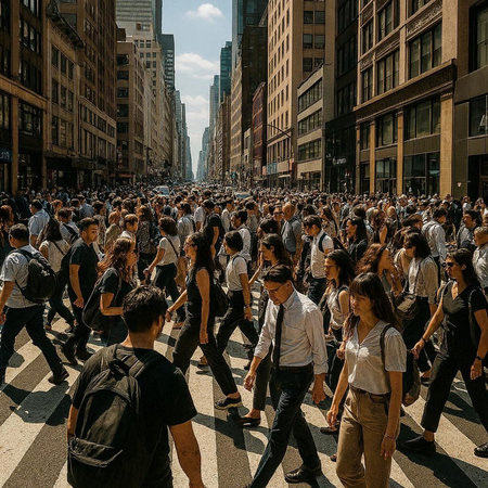 Crowd of people crossing the street in Manhattan.の写真素材
