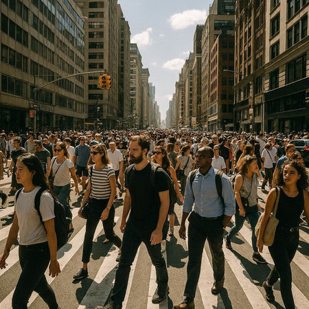 Crowd of people crossing the street in Manhattan, New York City, USA
