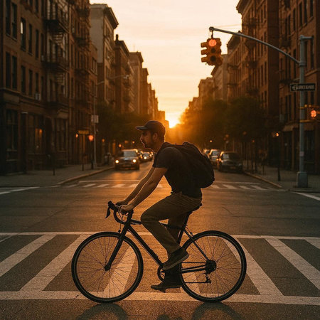 Young man riding bicycle in the city at sunset, rear view.