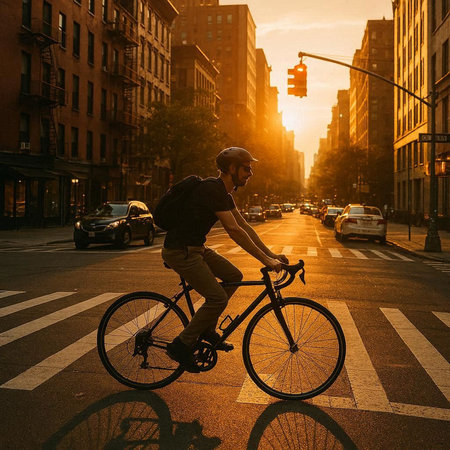 Man riding a bicycle on a street in New York City at sunsetの写真素材