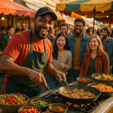Cheerful african american man cooking food on street food market.の写真素材